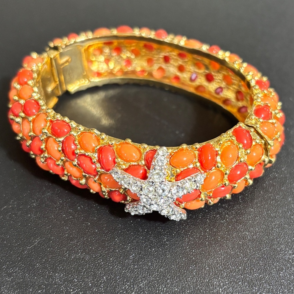 Kenneth Jay Lane KJL Crystal Starfish and Faux Coral Cuff Hinged Bracelet EUC